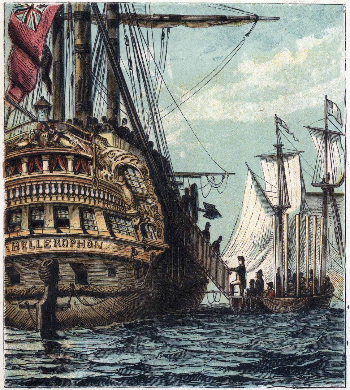 Napoleon I levereras till engelsmännen. Ombordstigning från Napoleon till Sainte-Helene (Sainte Helene) ombord på Bellerophon den 15 juli av English School