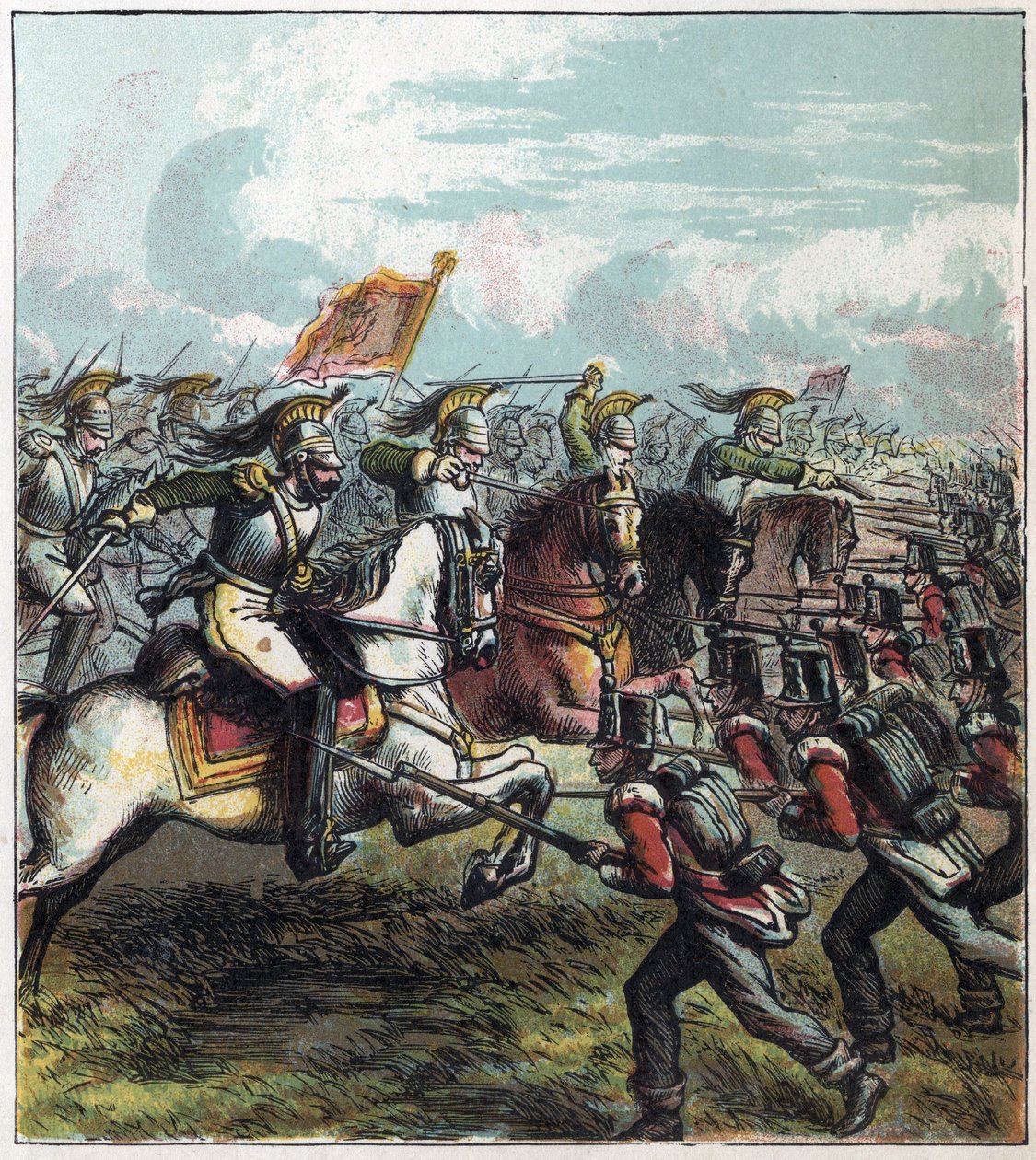 Napoleonkriget: Slaget vid Waterloo den 18/06/1815. Det franska kavalleriet av Napoleon I laddade den engelska armén, fransmännens nederlag markerade slutet på Napoleon I:s imperium. Slaget vid Waterloo av English School