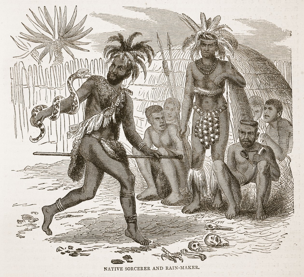Infödd trollkarl och regnmakare, illustration från The Pictorial Edition av David Livingstones liv och upptäckter av J. Ewing Richie, pub. av A. Fullarton & Co., 1876 av English School