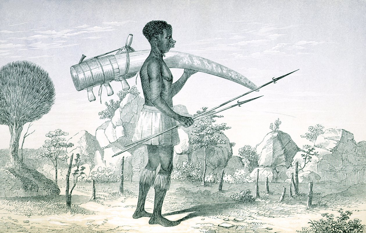 Infödd som bär på en dekorerad elfenbens-elefantbete, från The Lake Regions of Central Africa, av Richard F. Burton (1821-90), 1860 av English School