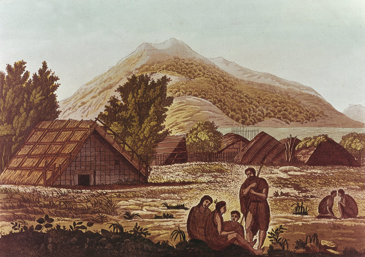 Infödda, med hyddor och berg bakom, graverad av F. Fumagalli (färgstick) av English School