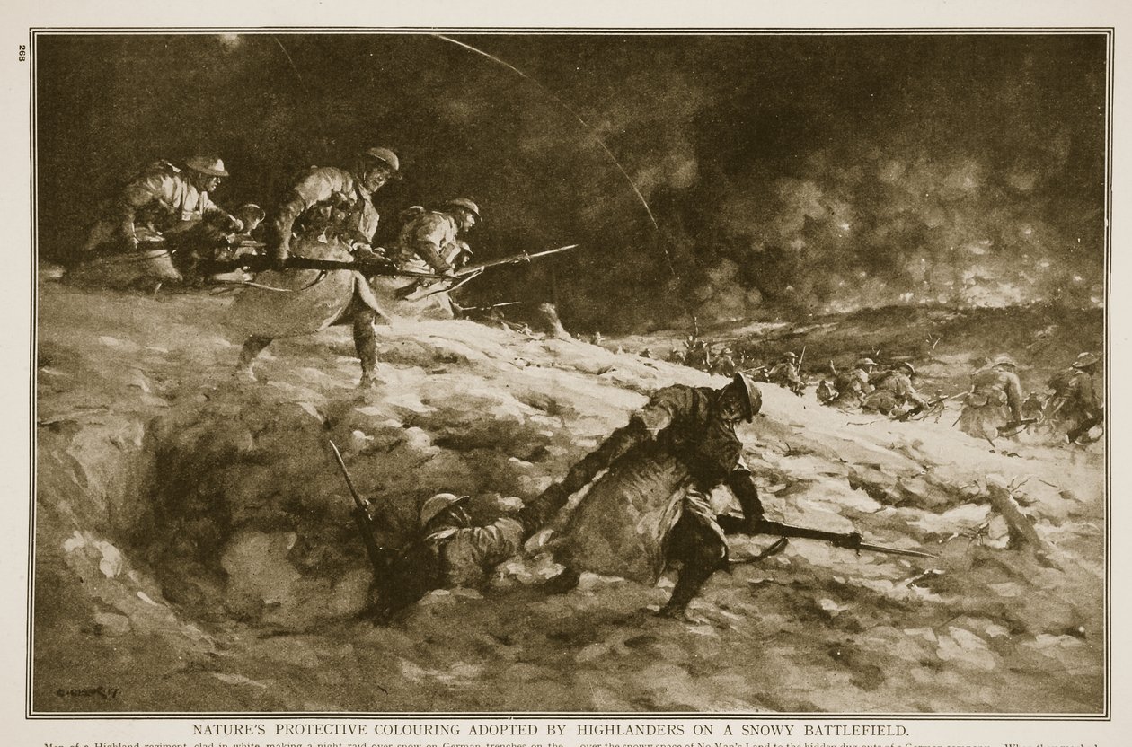 Naturens skyddande färg som antogs av Highlanders på ett snöigt slagfält, 1914-19 av English School