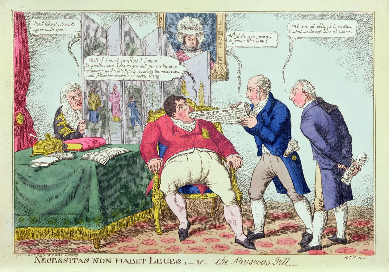 Nödvändighet har inga lagar, eller illamåendepillret, 1823 (handfärgad gravyr) av English School