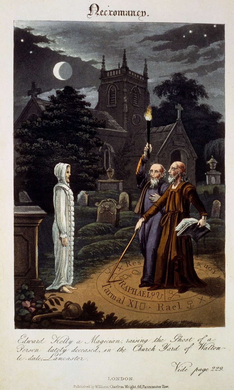 Necromancy: Edward Kelly, en trollkarl, väcker spöket av en nyligen avliden person, i Church Yard of Walton-le-dale, Lancaster, från 