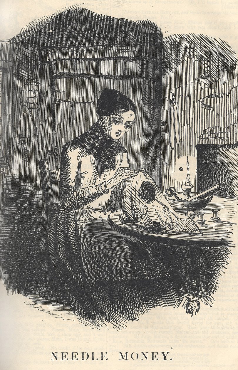 Needle Money, illustration från Punch Magazine, december 1849 (för par se 384762) av English School