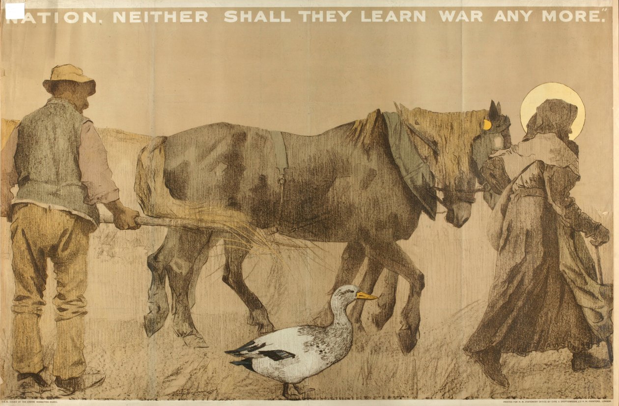 Neither Shall They Learn War Anymore, från serien "The Empire Stands for Peace" (färg litho) av English School