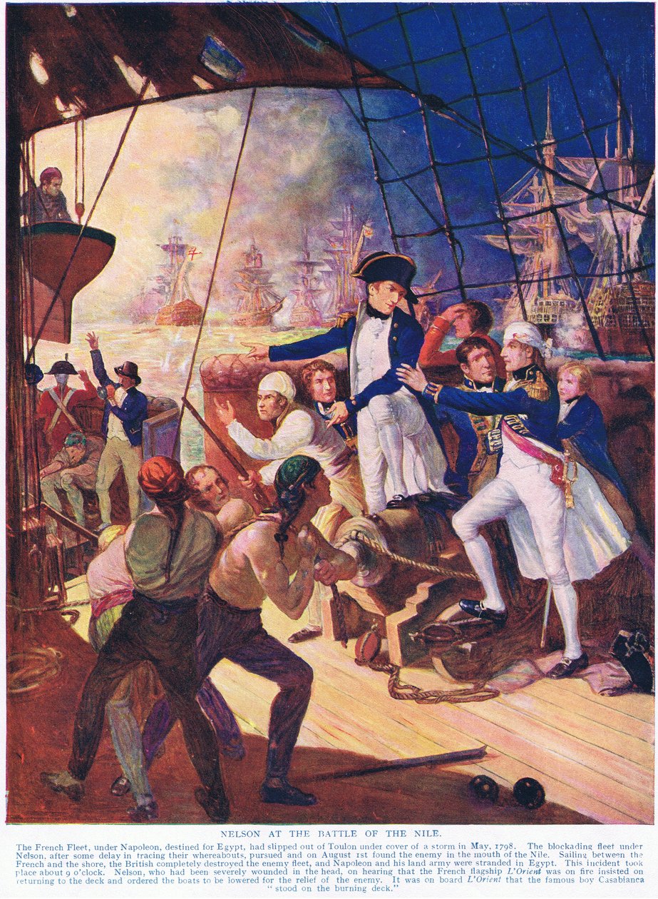 Nelson at the Battle of the Nile, illustration från Hutchinsons History of the Nations, c.1910 av English School