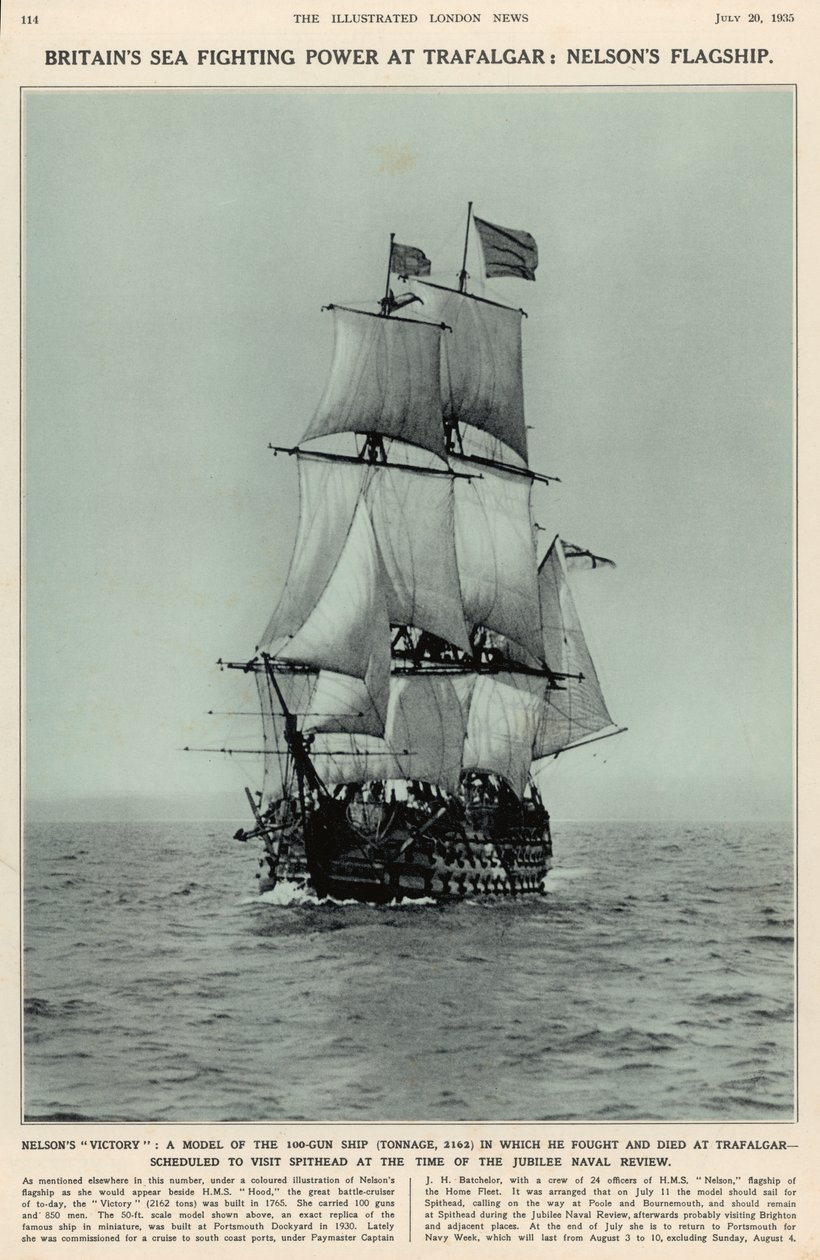 Nelsons Victory: en modell av fartyget med 100 kanoner där han kämpade och dog i Trafalgar, från The Illustrated London News Royal Naval and Military Review Number, 20 juli 1935 av English School