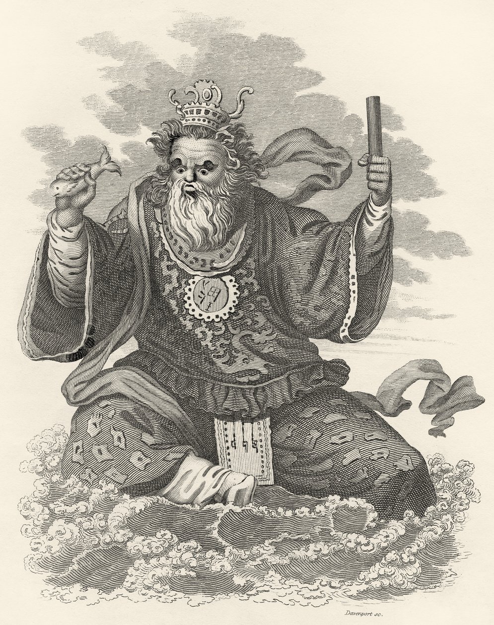 Kinesernas Neptunus, illustration från The World: or the present of the Universe, som är en allmän och komplett samling av moderna resor och resor, av Cavendish Pelham, publicerad, London av English School