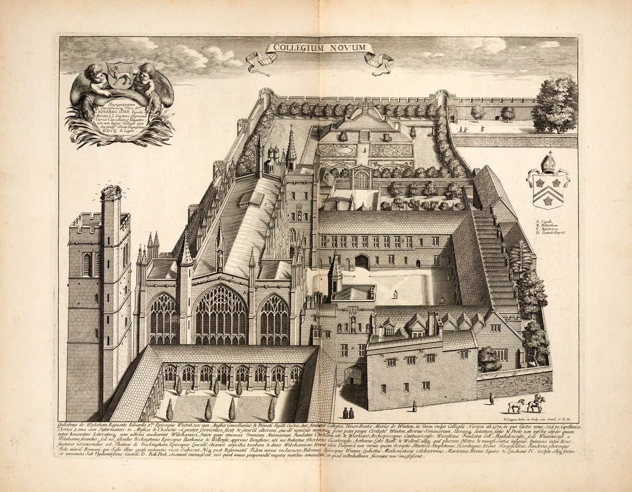 New College, skylt 19 från Oxonia Illustrata av David Loggon, Oxford 1675 av English School