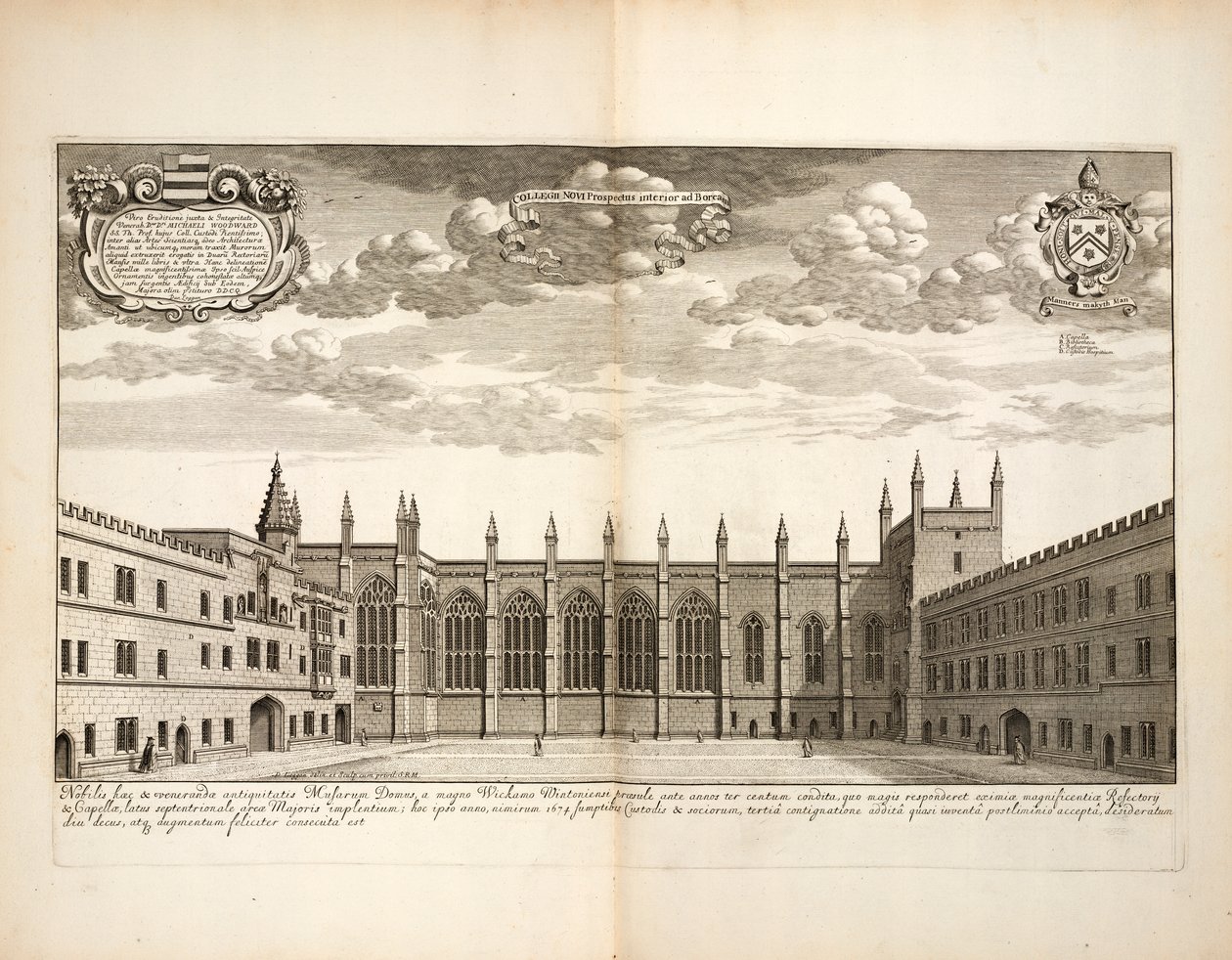 New College, skylt 20 från Oxonia Illustrata av David Loggon, Oxford 1675 av English School