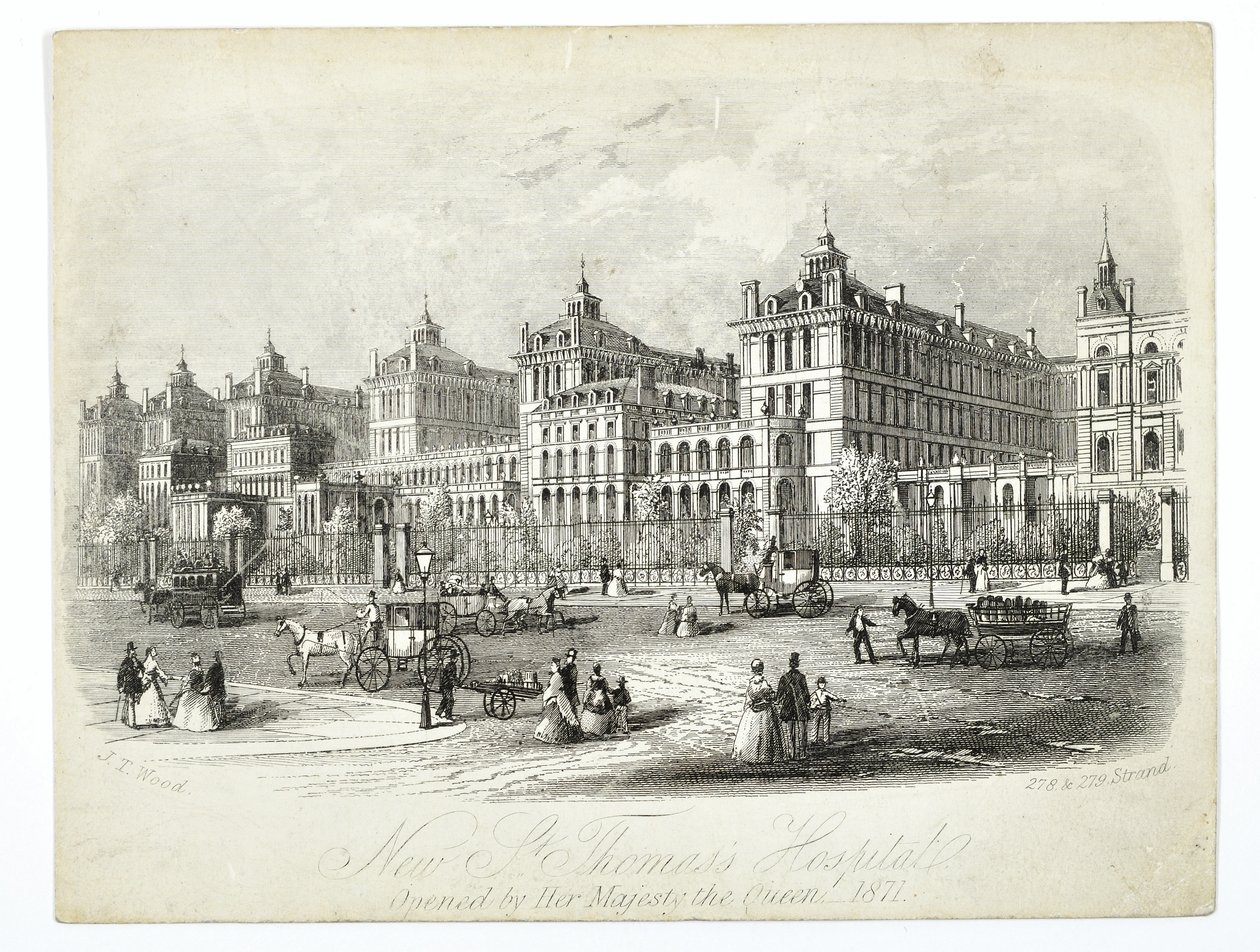 New St. Thomass Hospital, öppnat av Hennes Majestät Drottningen 1871, pub. J.T. Trä av English School