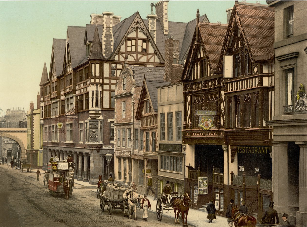 Newgate Street, Chester (handfärgat foto) av English School