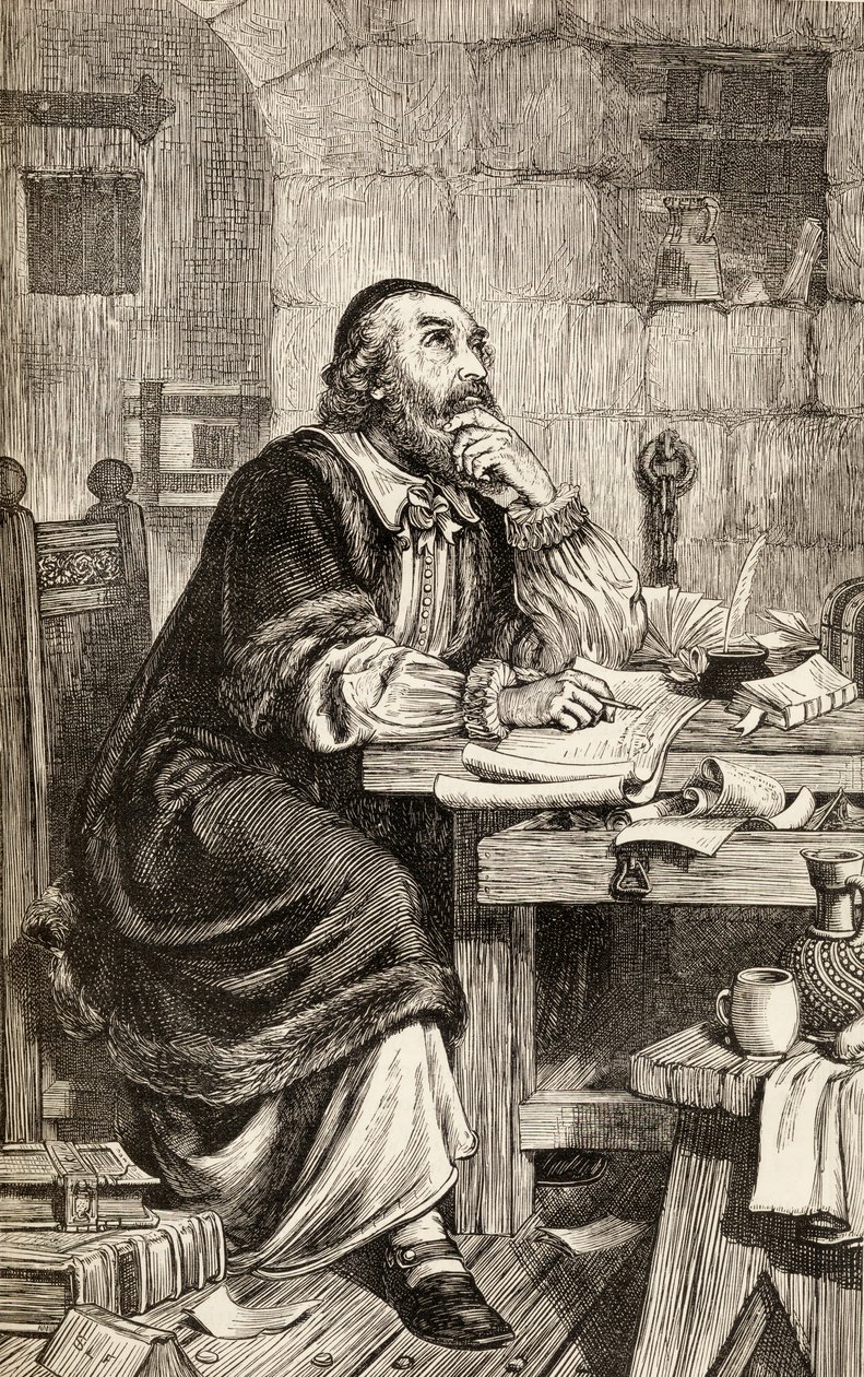 Nicholas Ridley skrev brev i fängelset i väntan på sin avrättning, ca 1865 (trästick) av English School