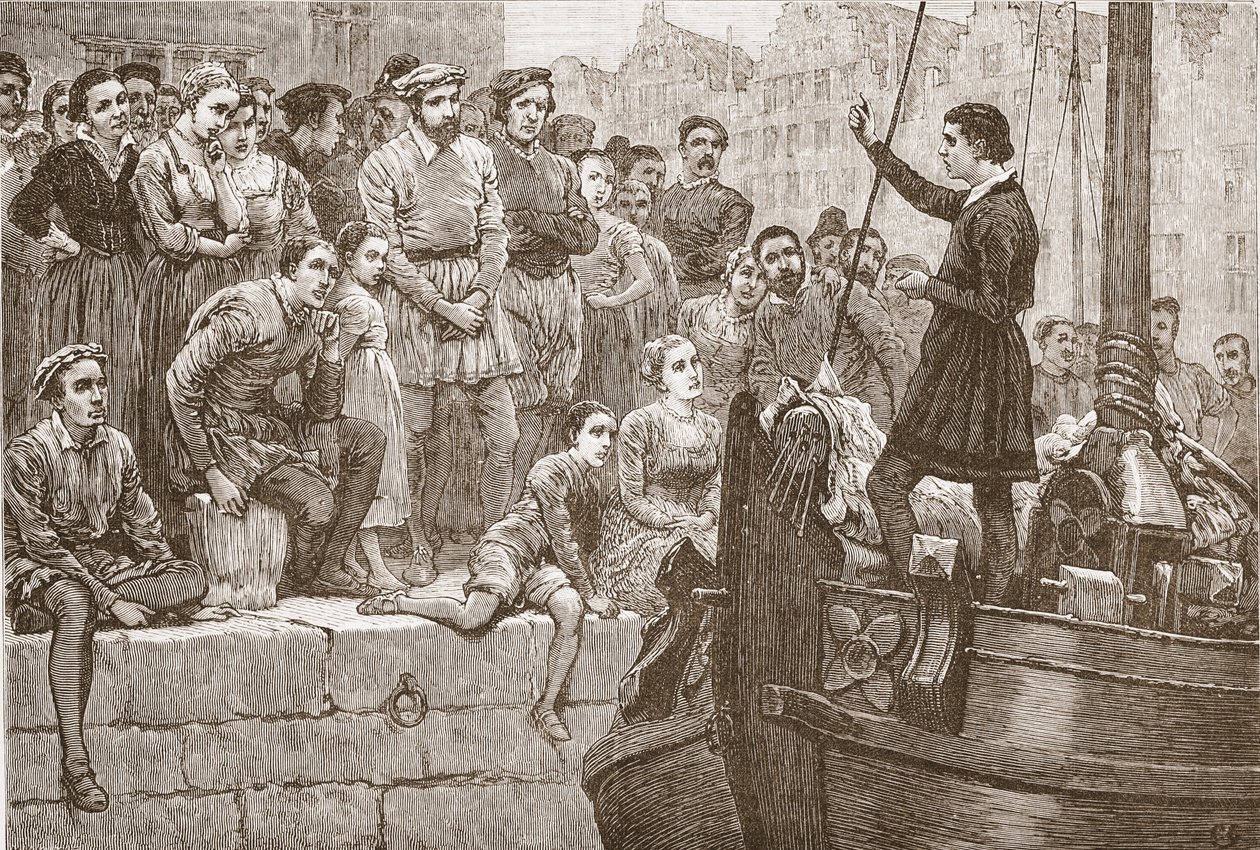 Nicholas predikar för folkmassan från en båt på Schelde, illustration från The History of Protestantism av James Aitken Wylie (1808-1890), pub. 1878 av English School