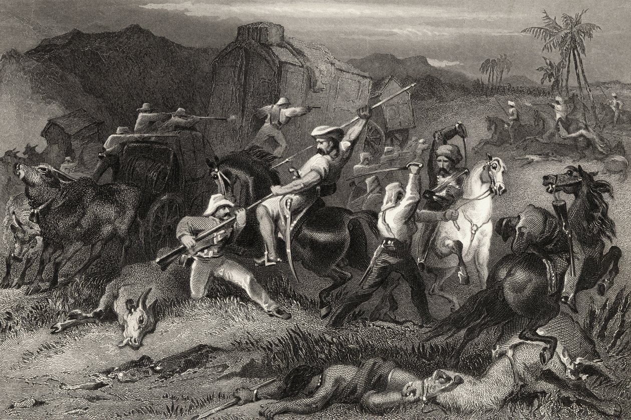 Nattsortering och attack mot bagagevagnar, från "The History of the Indian Mytery" publicerad 1858 av English School