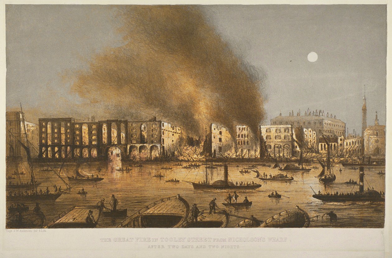 Nattvy av branden 1861 i Tooley Street, Bermondsey, 1861 av English School