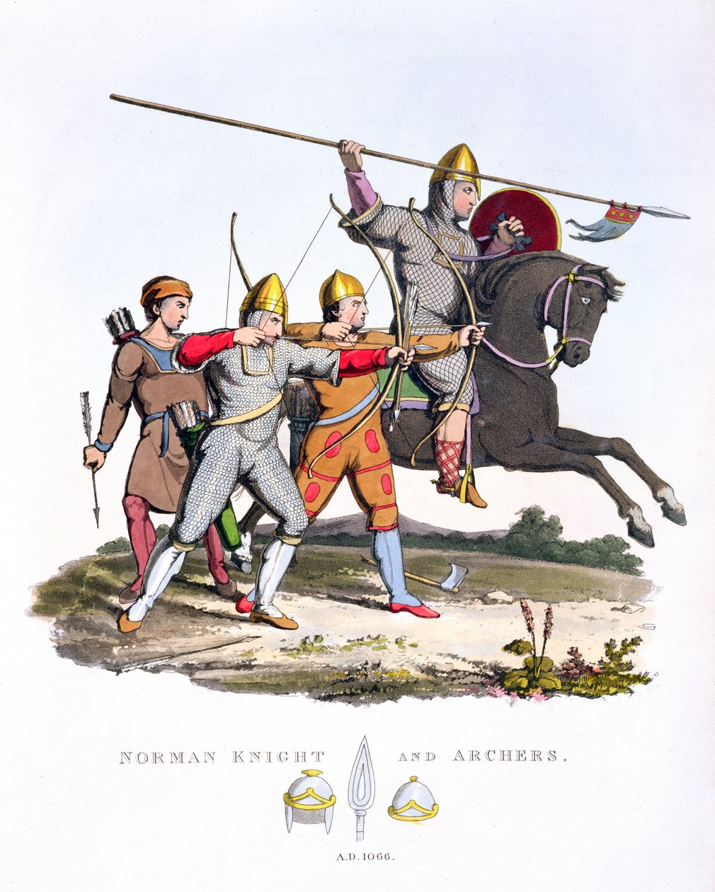 Norman Knight and Archers, 1066, från Ancient Armour, av Samuel Rush Meyrick, 1824 av English School