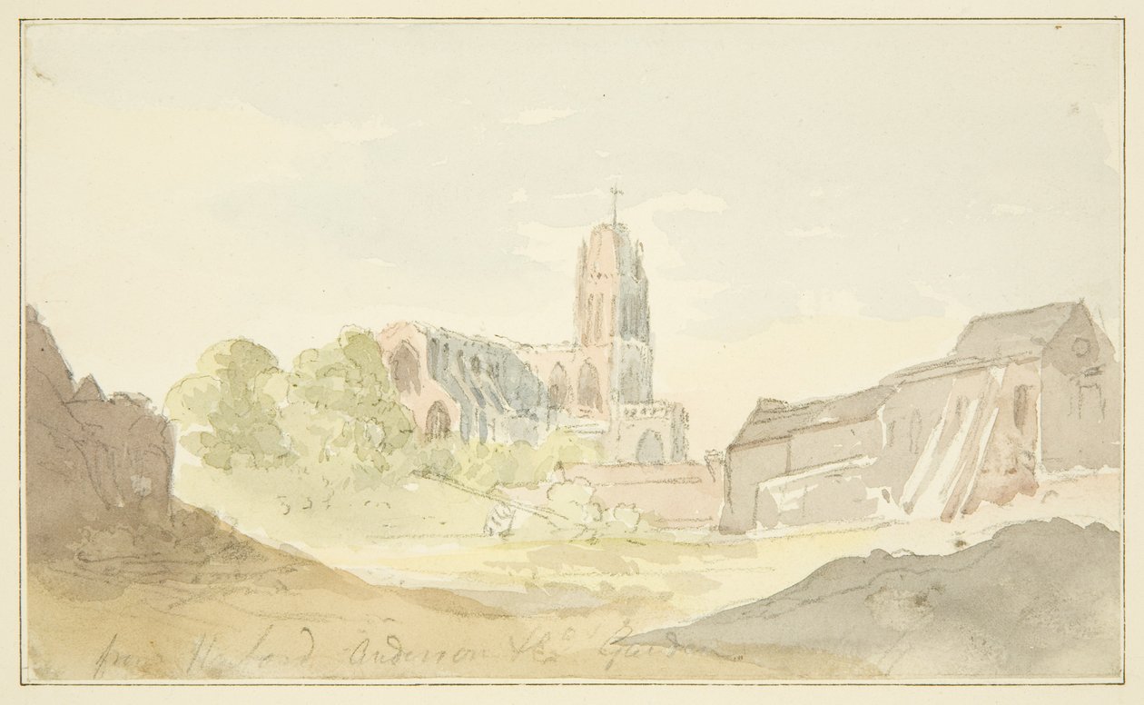 Nordostvy av St Mary Redcliffe från Harford Anderson Garden (penna och akvarell på papper) av English School
