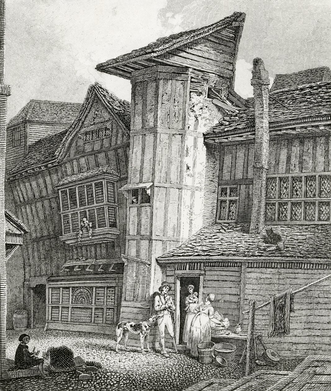 North East View av ett gammalt hus som nyligen stod i Sweedons passage, Grub Street av English School