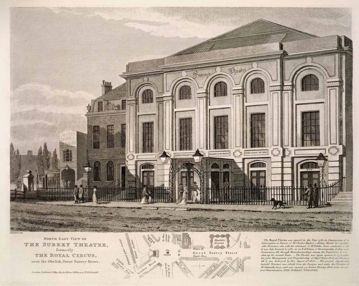 North East View of Surrey Theatre, tidigare The Royal Circus nära obelisken, Great Surrey Street, 1814 av English School