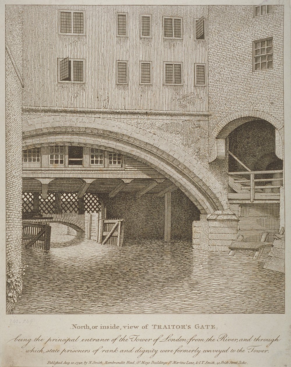 North View of Traitors Gate, Tower of London, publicerad av Nathaniel Smith (fl.1740-1802) 1798 av English School