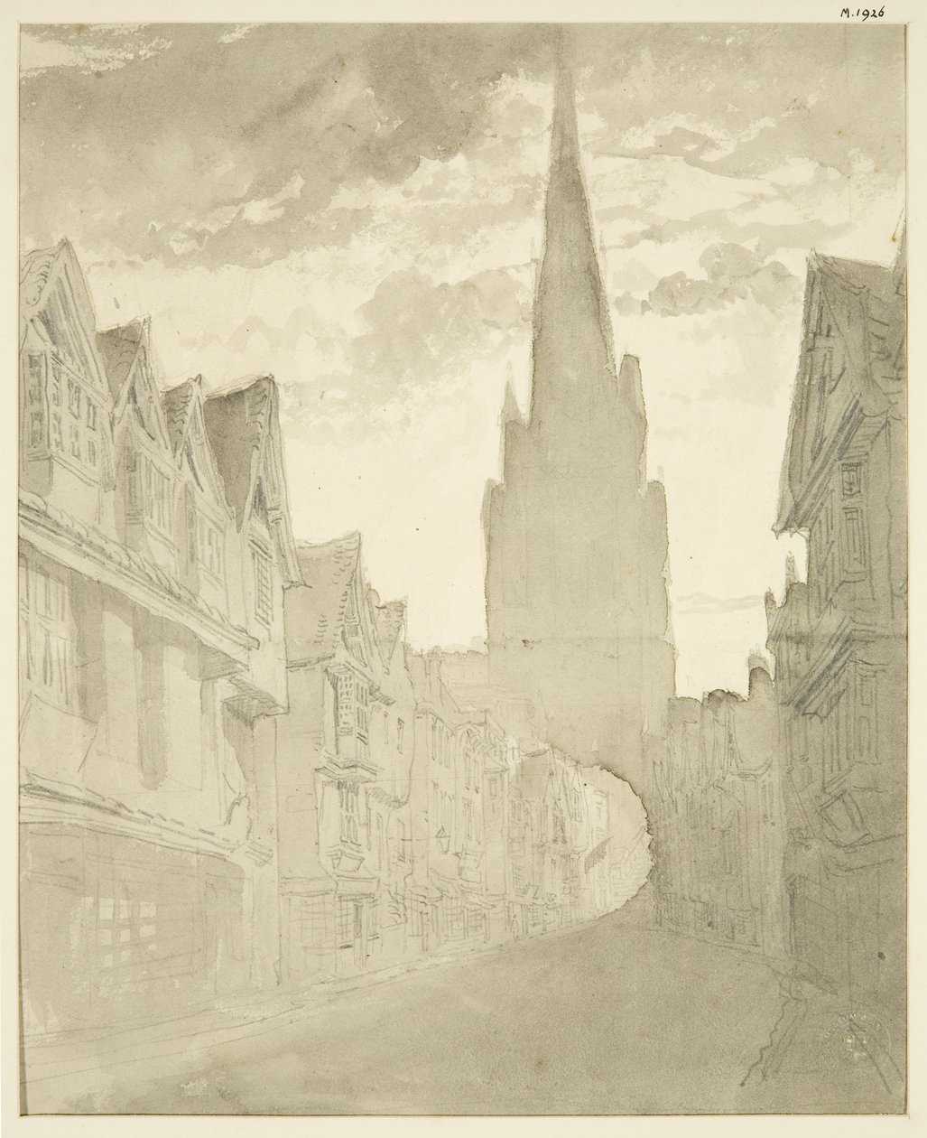 North view of St Mary Redcliffe Church från Redcliffe Street (penna och akvarell på papper) av English School