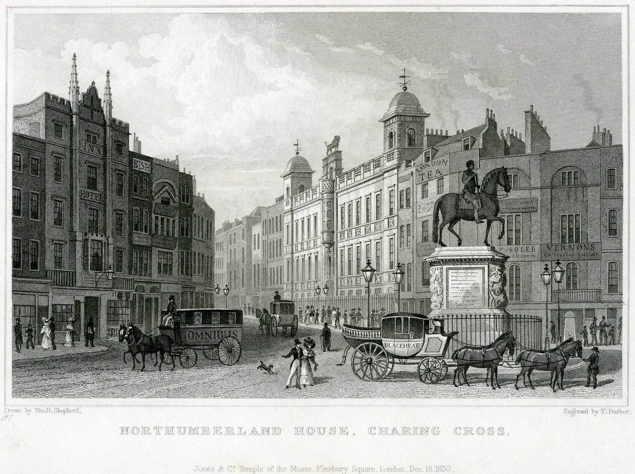 Northumberland House, Charing Cross. Bishs Lottery Office, No 9 Charing Cross, ligger granne med Golden Cross Hotel av English School