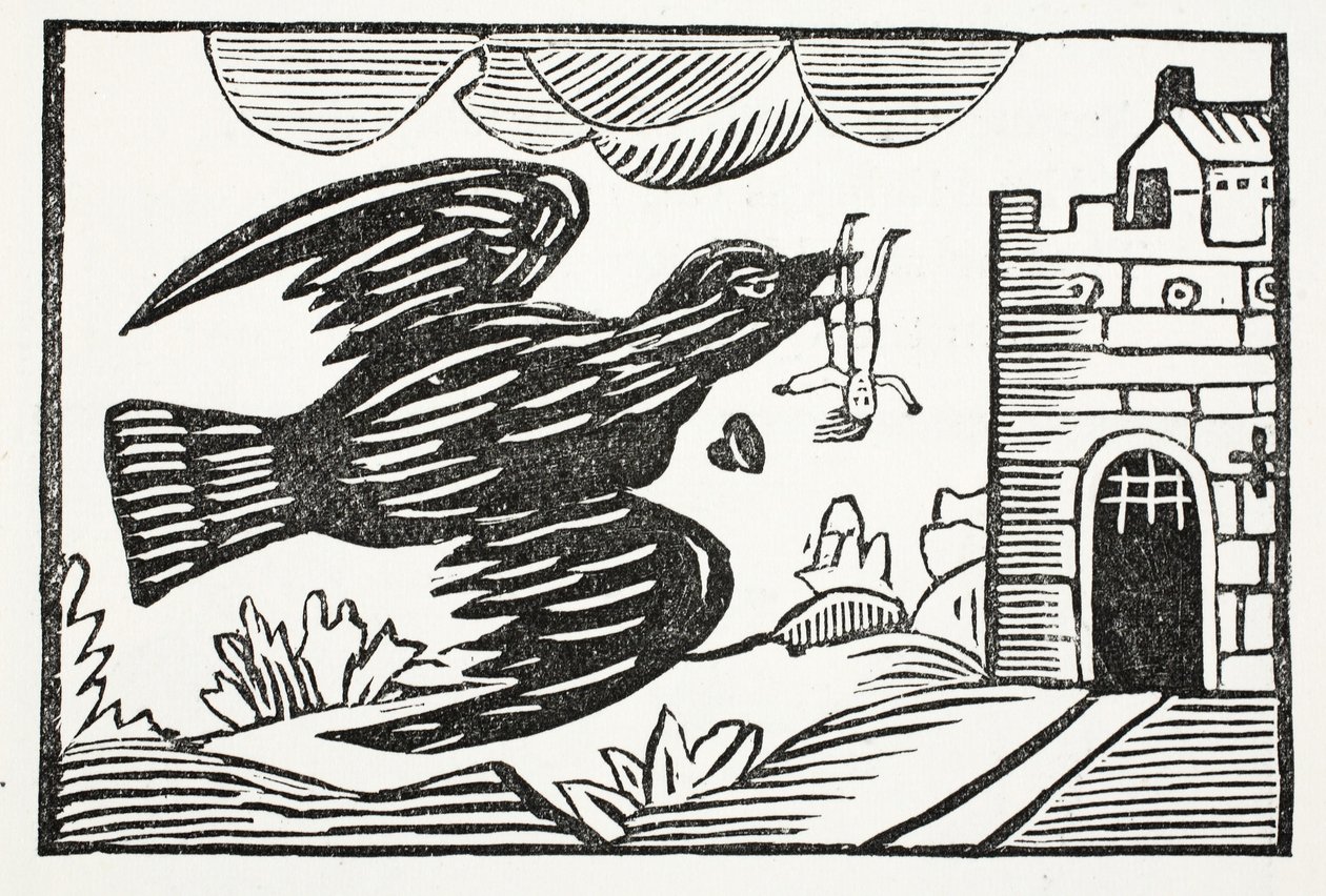 Nu av en korp med stor styrka bars Away, stackars Tom, illustration från Chap-books of the Eighteenth Century av John Ashton, pub. 1882 av English School