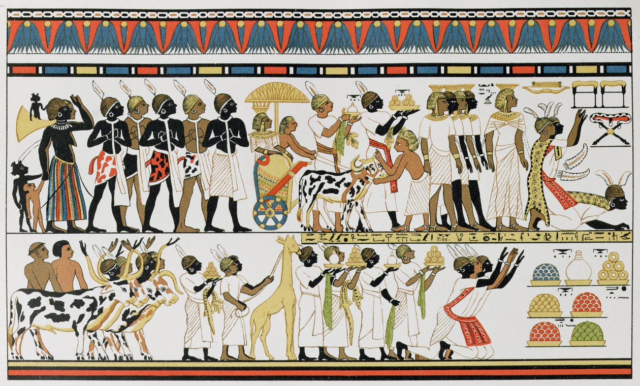 Nubiska hövdingar som ger gåvor till kungen av Egypten, kopia av en fornegyptisk väggmålning från en grav i Thebe, ca 1380 f.Kr., från The History of Mankind, Vol.III, av Prof. Friedrich Ratzel, 1898 av English School