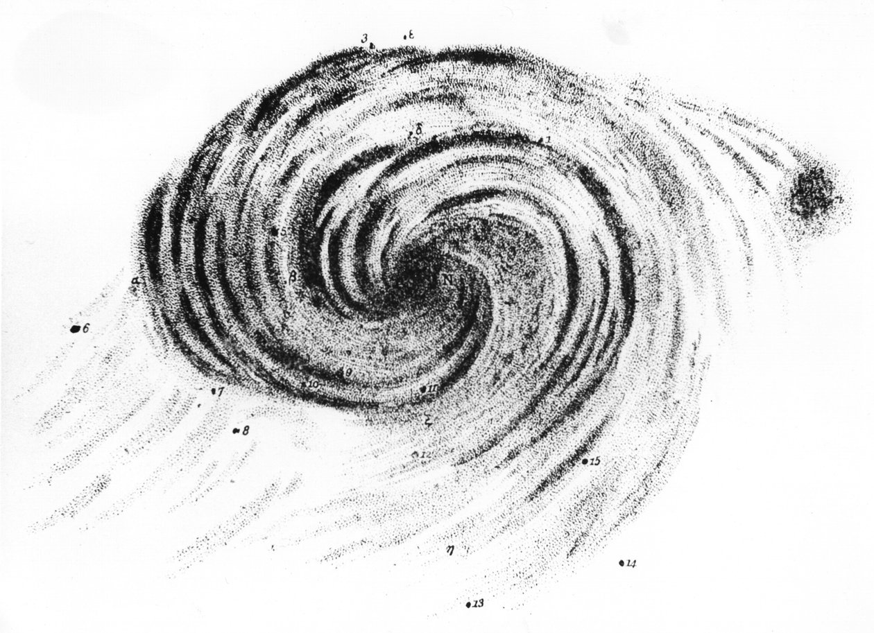 Observation av virvelgalaxen i Canes Venatici, från Observations of Nebulae, av Lord Rosse, publicerad i London, 1850 av English School
