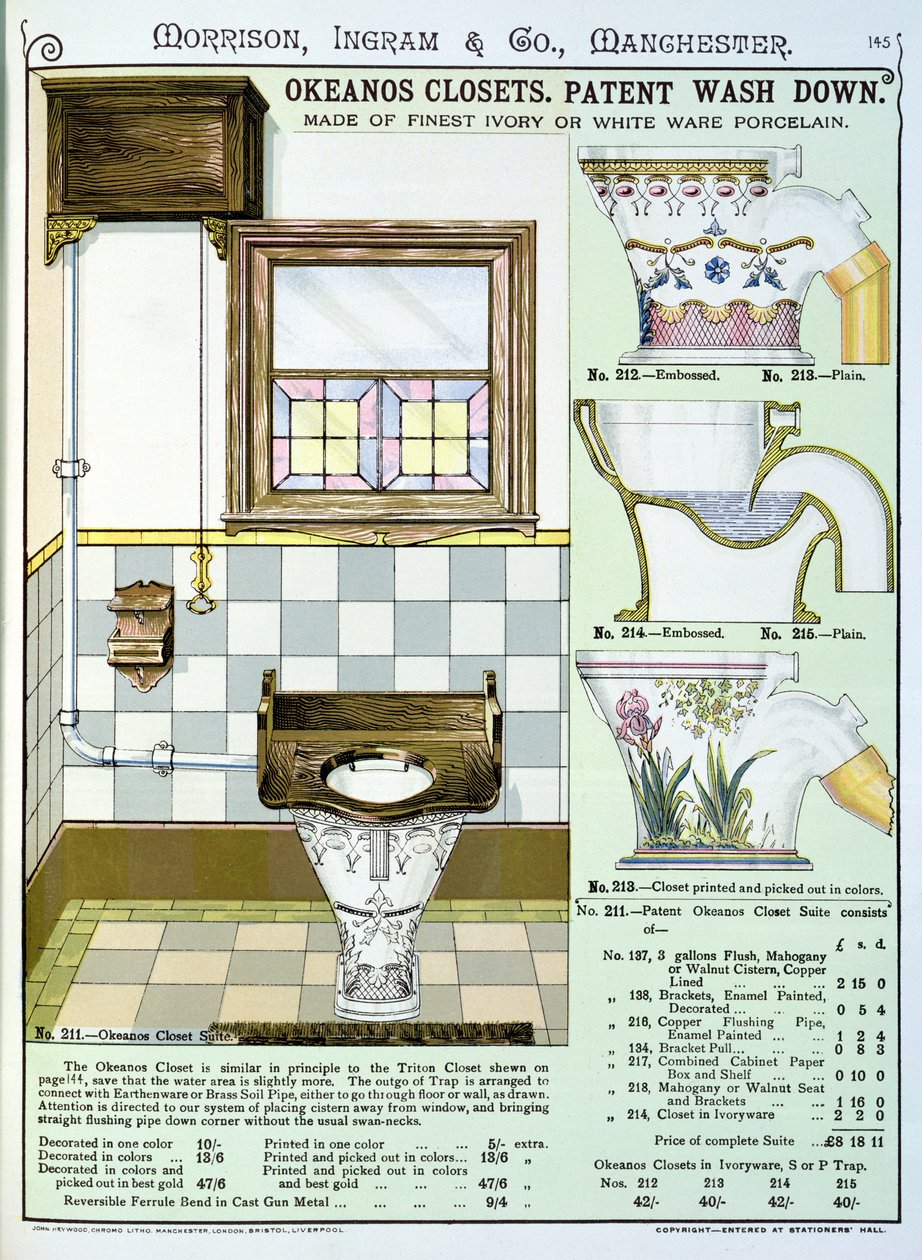 Okeanos Closets från en katalog över sanitetsartiklar producerad av Morrison, Ingram & Co., Manchester, publicerad ca 1890 av English School