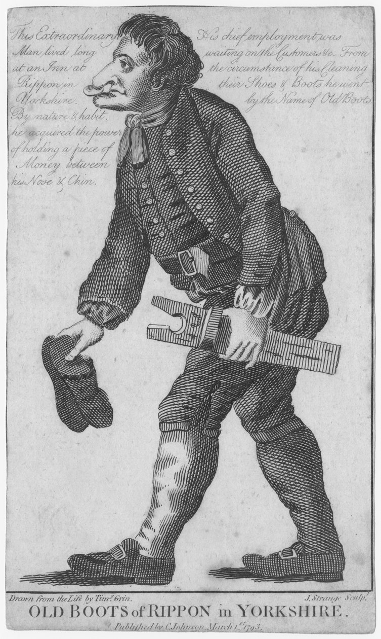 Old Boots of Rippon i Yorkshire, graverade av J. Strange (1700-talet) efter en teckning av Timothy Grin, publicerad av C. Johnson, 1793 av English School