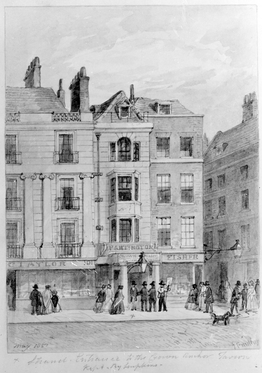 Gamla ingången till Crown and Anchor Tavern, 1851 av English School