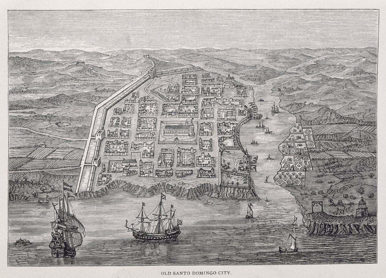 Old Santo Domingo City vid tiden för Drakes expedition, från "Santo Domingo Past and Present" av Samuel Hazard, pub. 1873 av English School