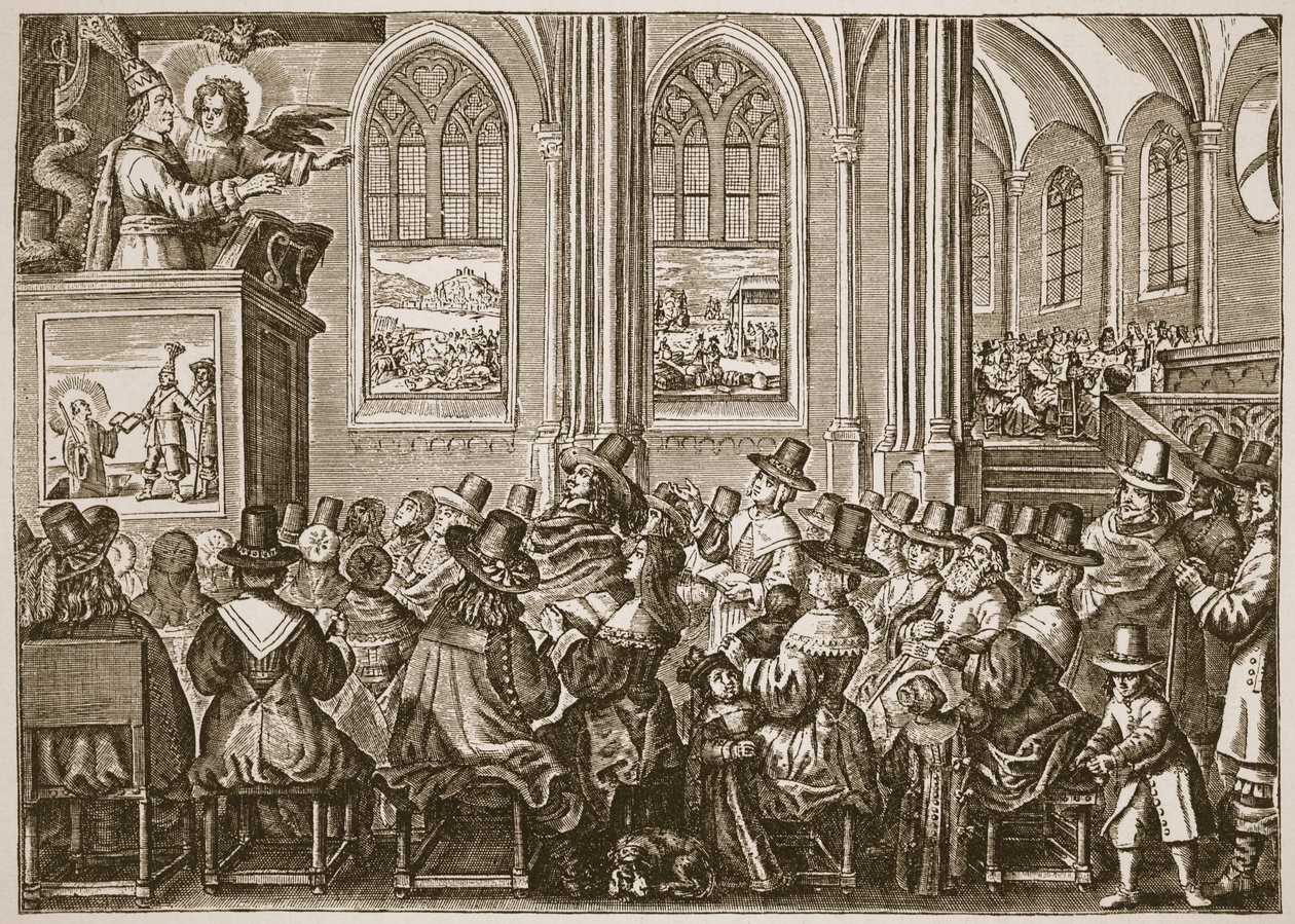 Oliver Cromwell predikar för en puritansk församling, illustration från The Church of England: A History for the People av H.D.M. Spence-Jones, pub. ca 1910 (sepiafoto) av English School
