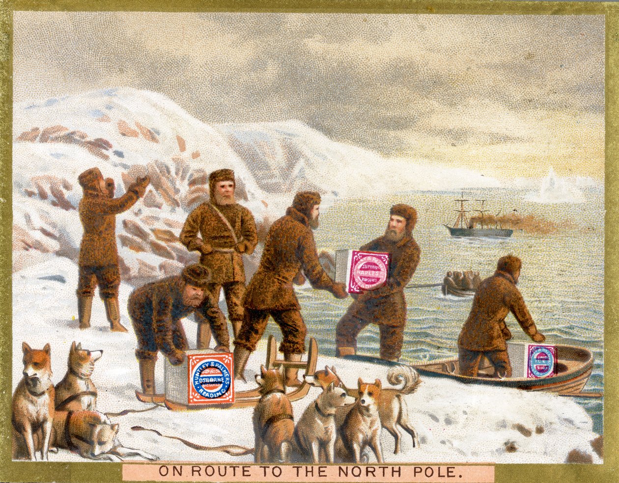 On Route to the North Pole, ett reklamkort för Huntley & Palmers Biscuits, ca 1890 av English School