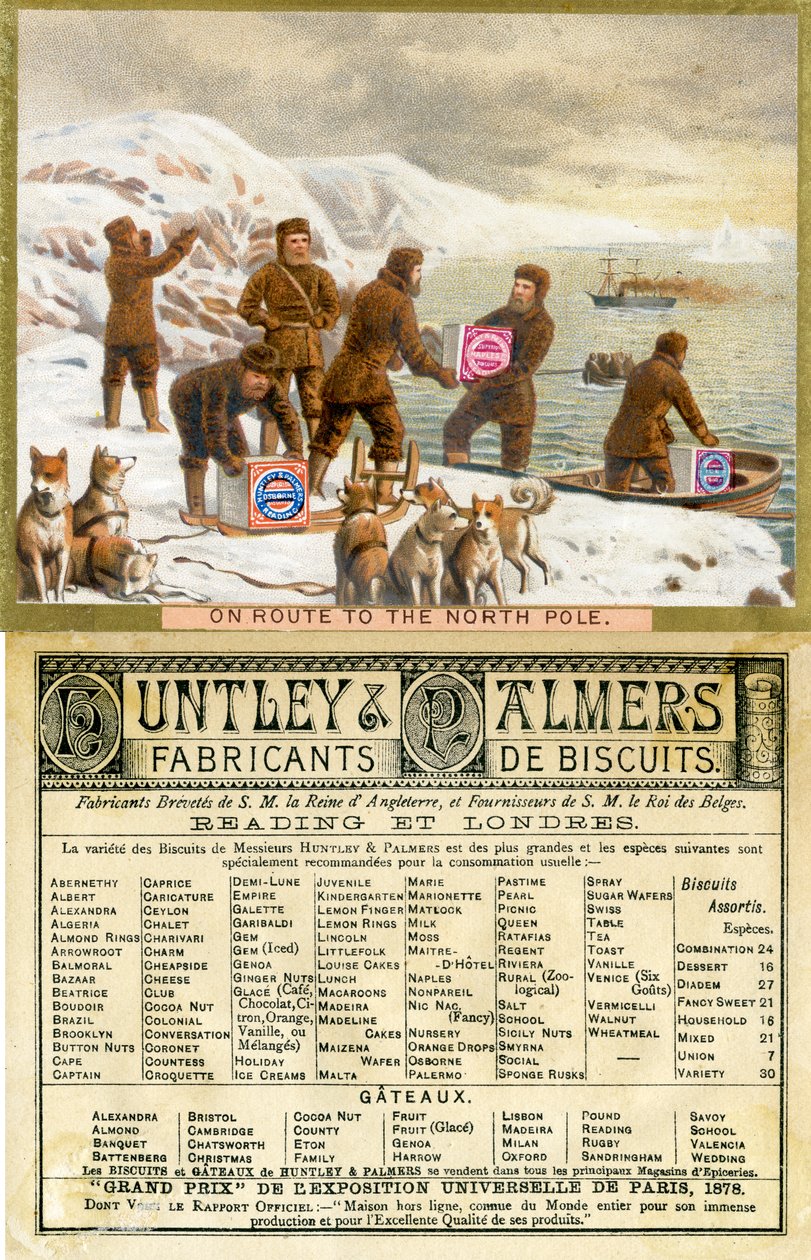 På väg till nordpolen, fram- och baksidan av ett reklamkort för Huntley & Palmers Biscuits, producerat för den franska marknaden, 1890 av English School