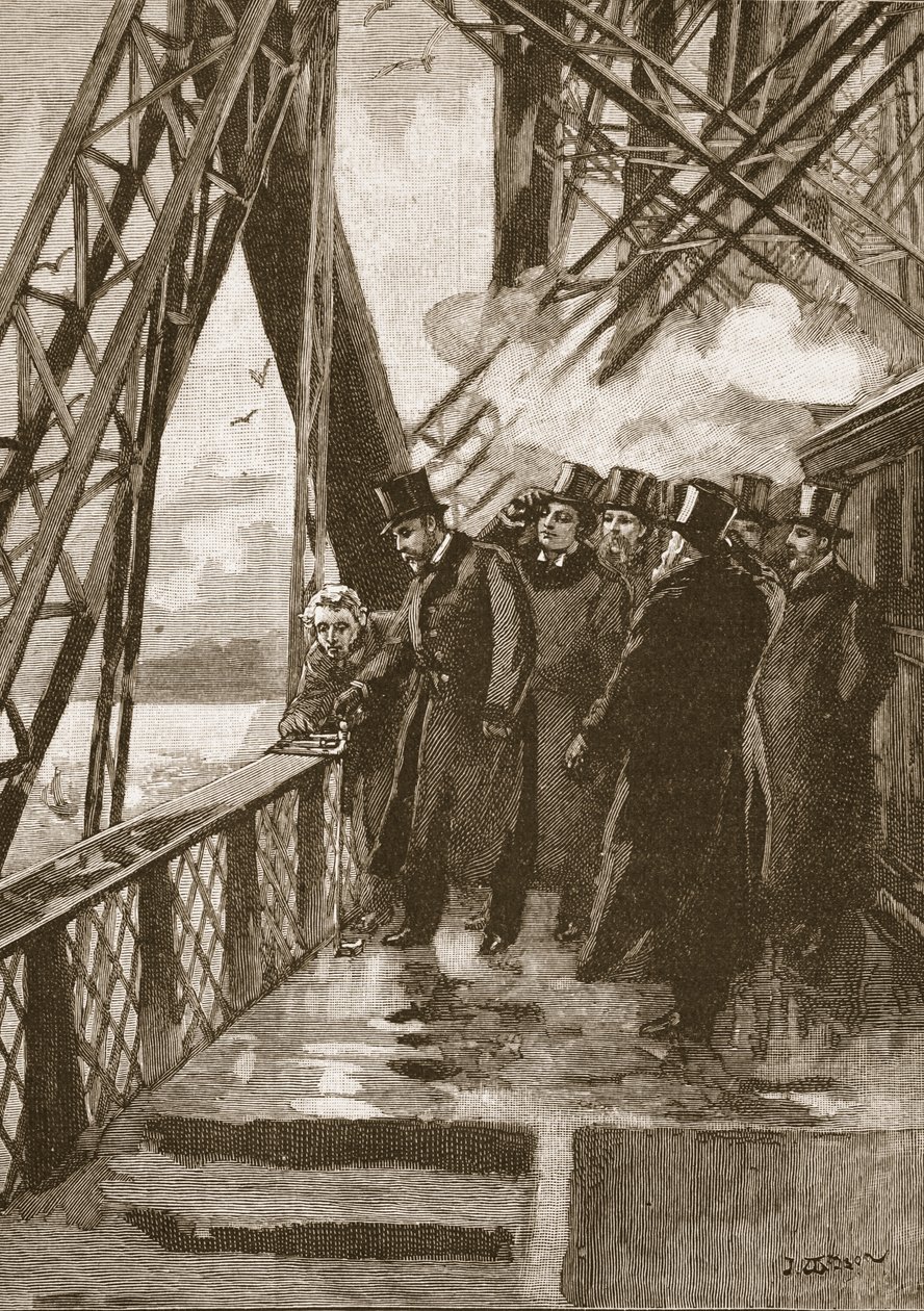 Invigning av Forth Bridge av Prince of Wales, 4 mars 1890, illustration från Cassells Illustrated History of England (sepiafoto) av English School