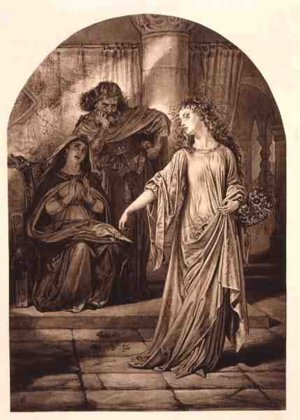 Ophelia, in Hamlet av William Shakespeare (1564-1616) (gravyr) av English School