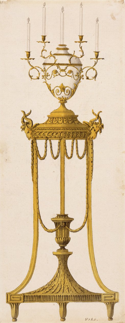 Originaldesign för ett stativ och vas för ljus, från "Works in Architecture", av Robert och J. Adam, 1773 av English School