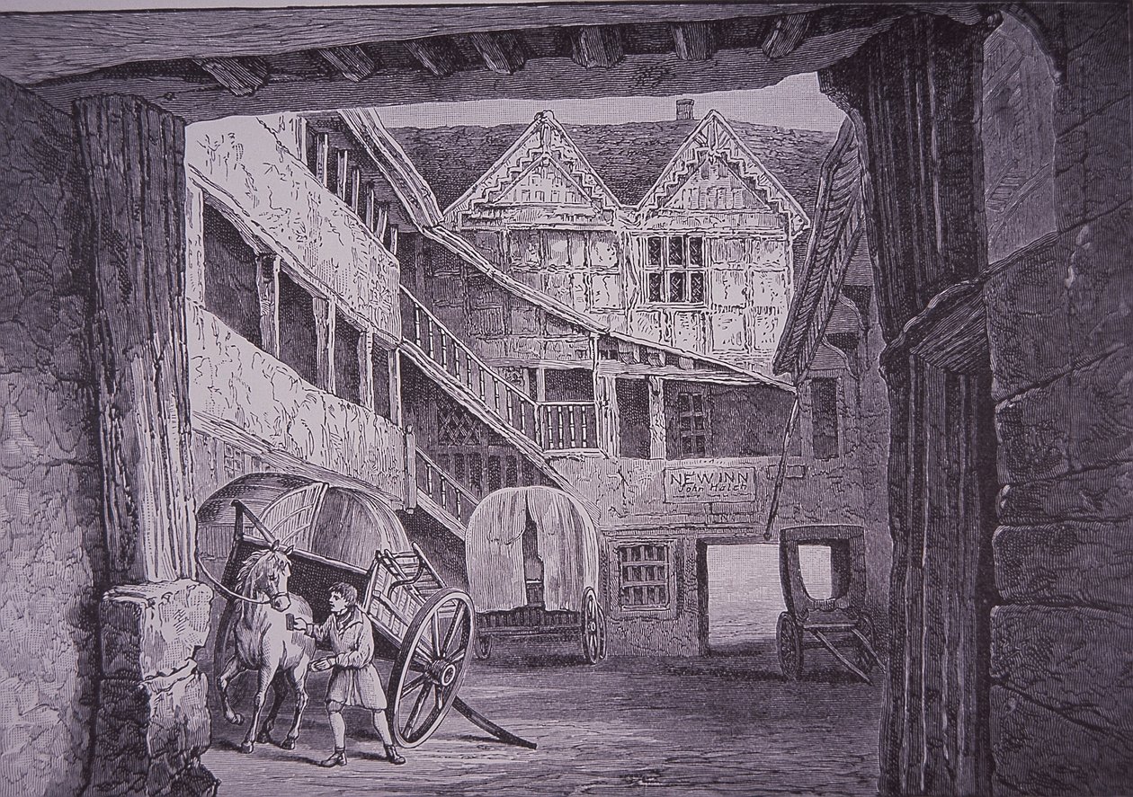 Ostler besöker häst på gården till New Inn, Gloucester (trägravyr) av English School