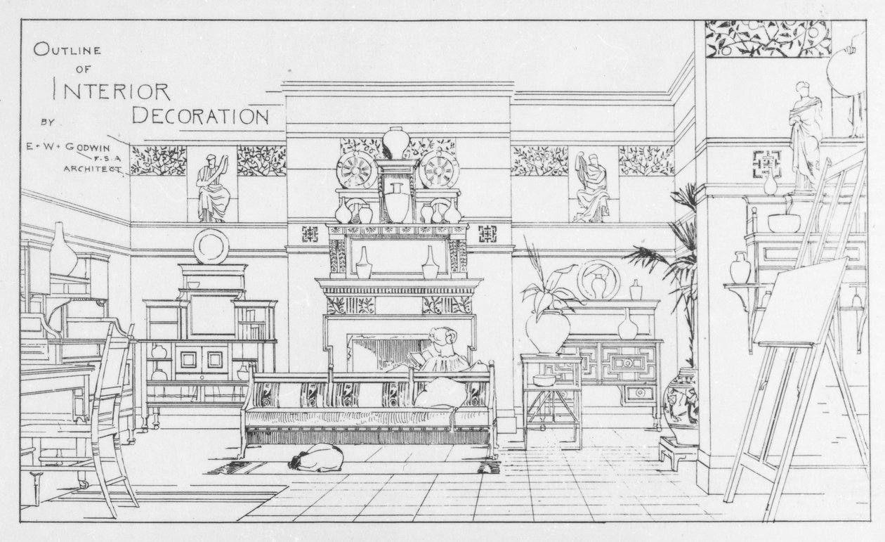 Outline of Interior Decoration, design av E. W. Godwin, illustration från The British Architect, 1 juli 1881 av English School