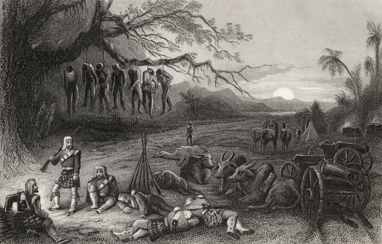 Avlägsen piket från Highland Brigade i Benares, från "The History of the Indian Mytery" publicerad 1858 av English School