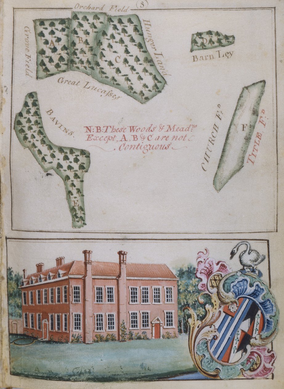 Sida 8, från A Survey of the Estate of John Plampin, Esq., 1774 (penna och bläck med wc och gouache på papper) av English School