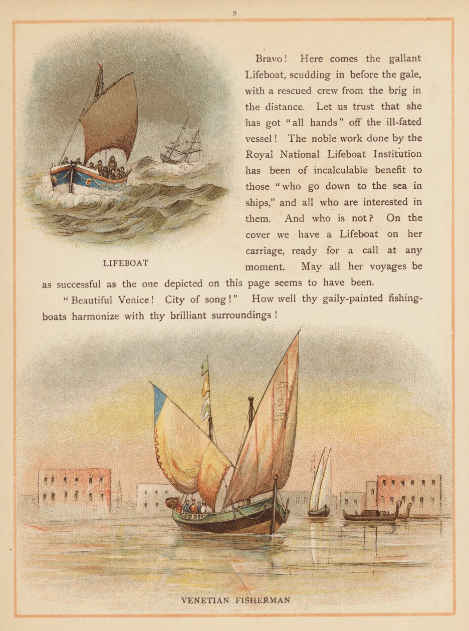 Sida ur The Boats of the World, slutet av 1800-talet (färglitografi) av English School