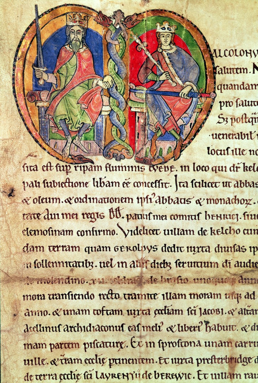 Sida från Charter of Kelso Abbey med en upplyst initial föreställande kung David I (1084-1153) och hans barnbarn Malcolm IV (1141-65) 1159 (vellum) av English School