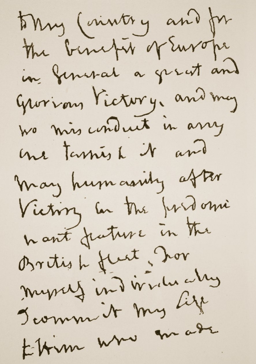 Sida i ett brev skrivet av Nelson strax före slaget vid Trafalgar, måndagen den 21 oktober 1805 (sepiafoto) av English School
