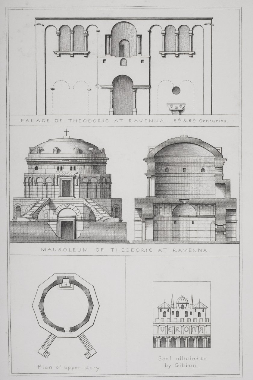 Palace and Mausoleum of Theodoric (c.454-526) i Ravenna, från `Agincourts History of Art by its Monuments av English School
