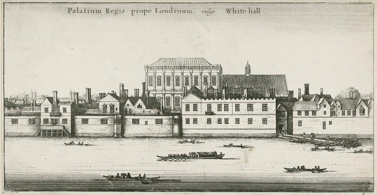 Palace of Whitehall från Themsen, Westminster, London, Storbritannien (etsning) av English School